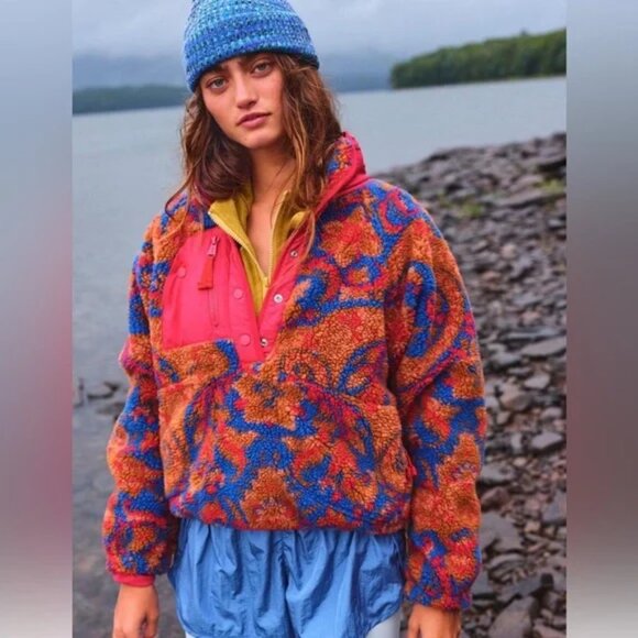FP Movement Free People Rocky Ridge 1/2 Snap Brown Mult Fleece Pullover Jacket S - Picture 1 of 11